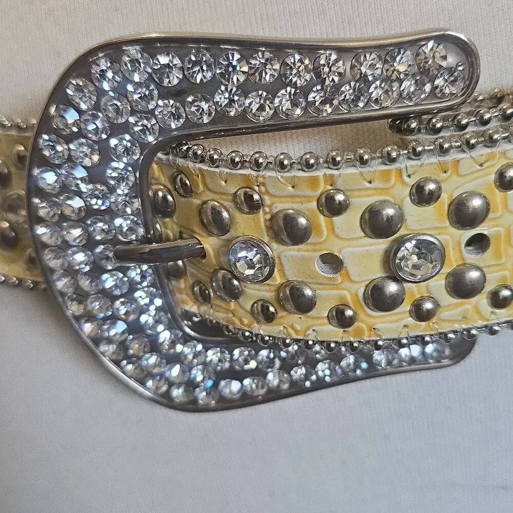 Ladies Western Rhinestone Horseshoe Bkl Yellow/Slvr Genuine Leather Belt, New ML